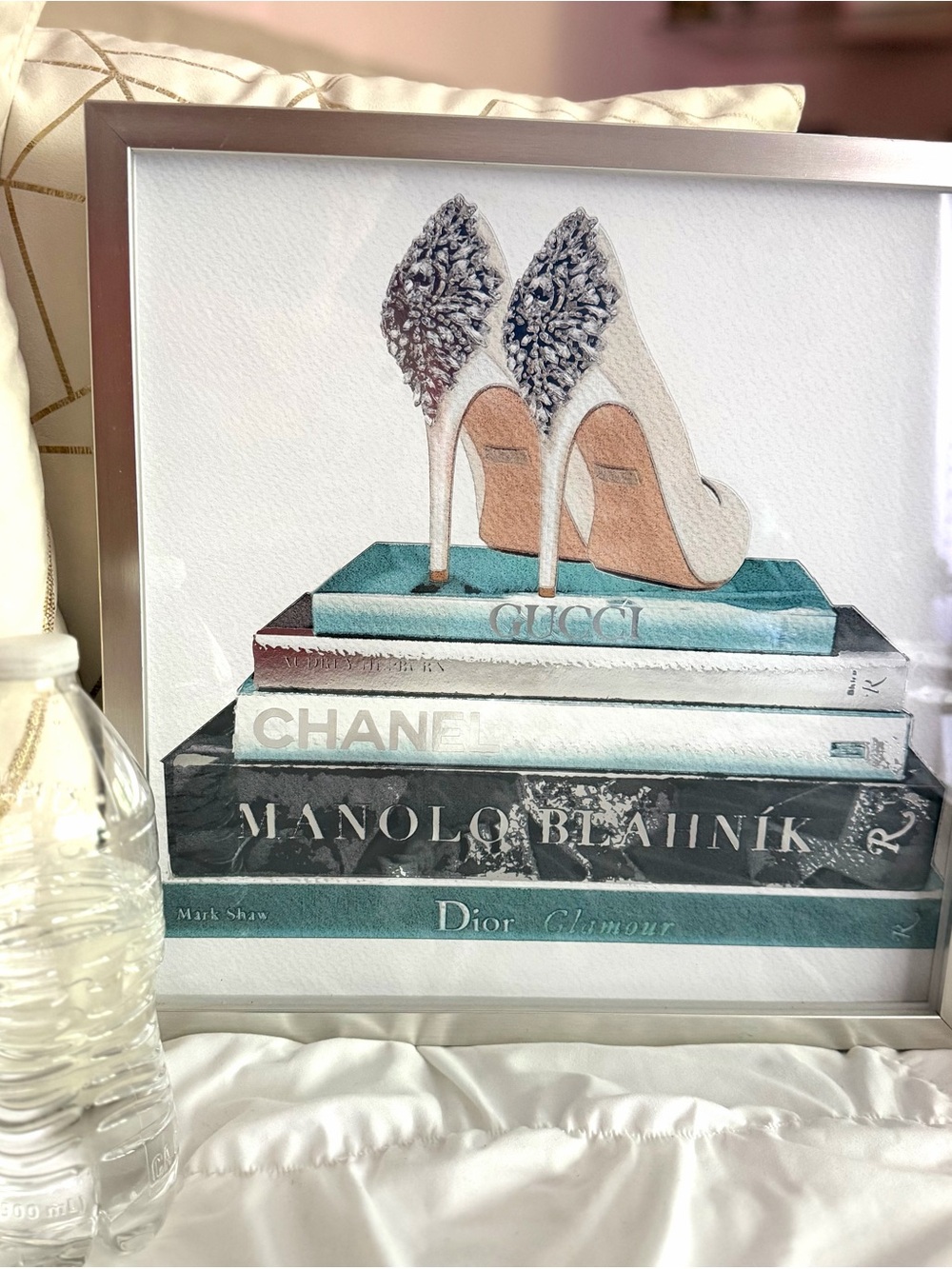 White Pointed Toe High Heels with Embellished Heel